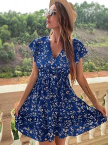 SHEIN LUNE Ditsy Floral Print Butterfly Sleeve Ruffle Hem Belted Dress - Royal Blue - View 6