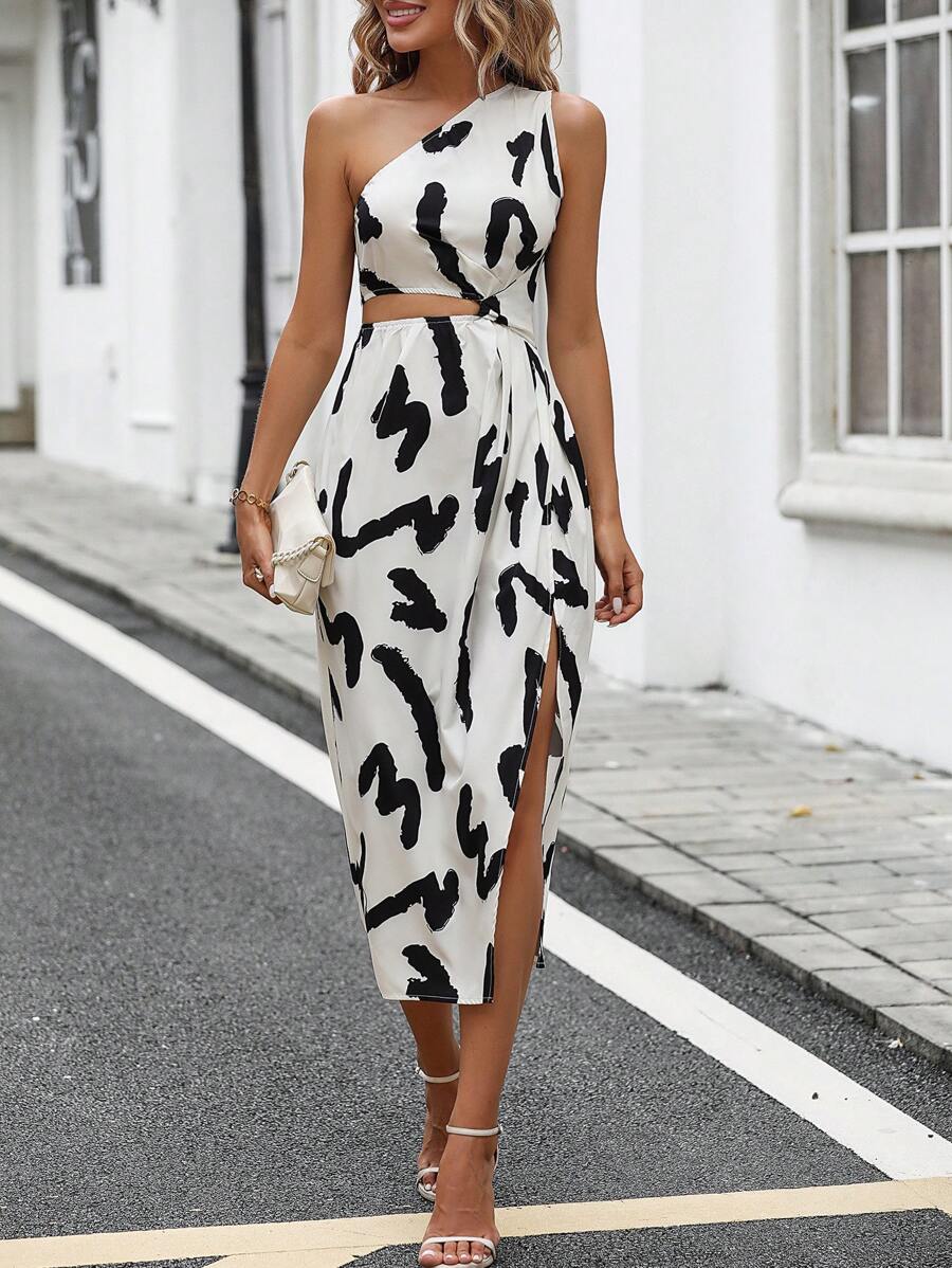 SHEIN Clasi 滿版印花單肩腰部鏤空不對稱下擺連衣裙 - 白色 - 查看 1