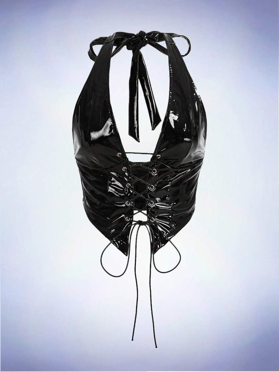 SHEIN ICON Áo hở lưng bằng da PU buộc dây phía trước màu đen - màu đen - Xem 1