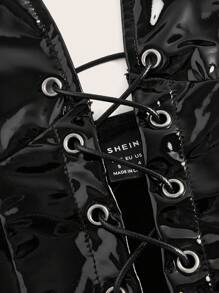 SHEIN ICON Áo hở lưng bằng da PU buộc dây phía trước màu đen - màu đen - Xem 3