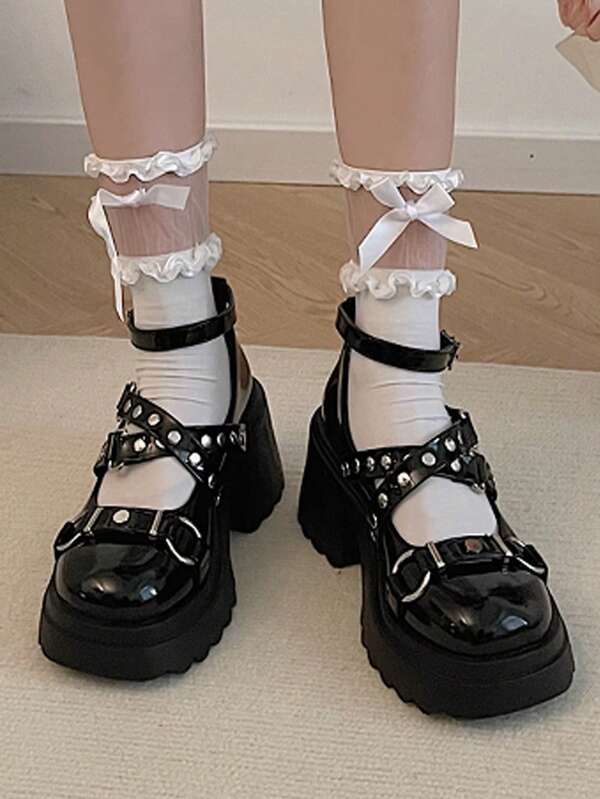 Grunge Punk Women Round & Studded Decor Flatform Mary Jane Shoes, Punk Outdoor Mary Janes