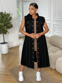 SHEIN SXY Plus Flap Pocket Button Front Vest Denim Coat Without Belt - Black - View 5