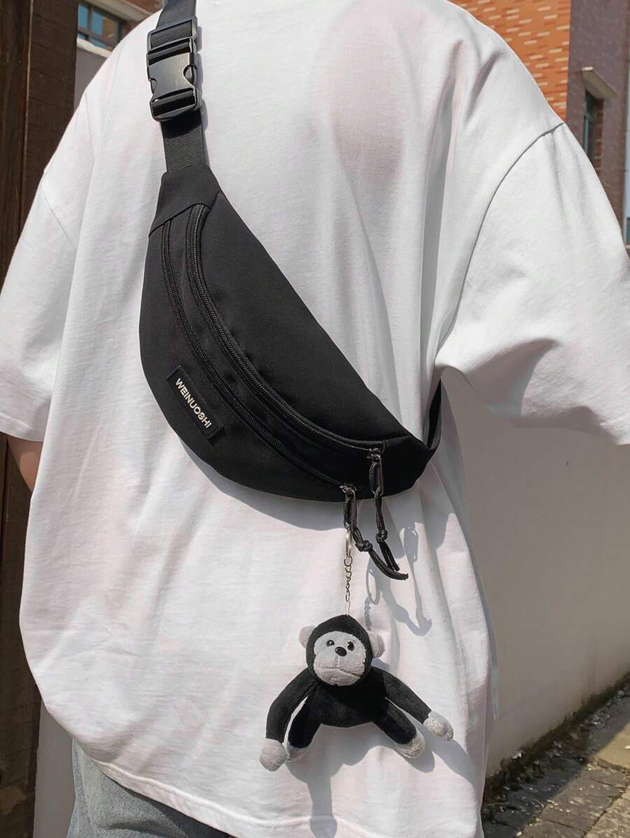 男士字母貼飾腰包可調整肩帶 - 黑色 - 查看 1