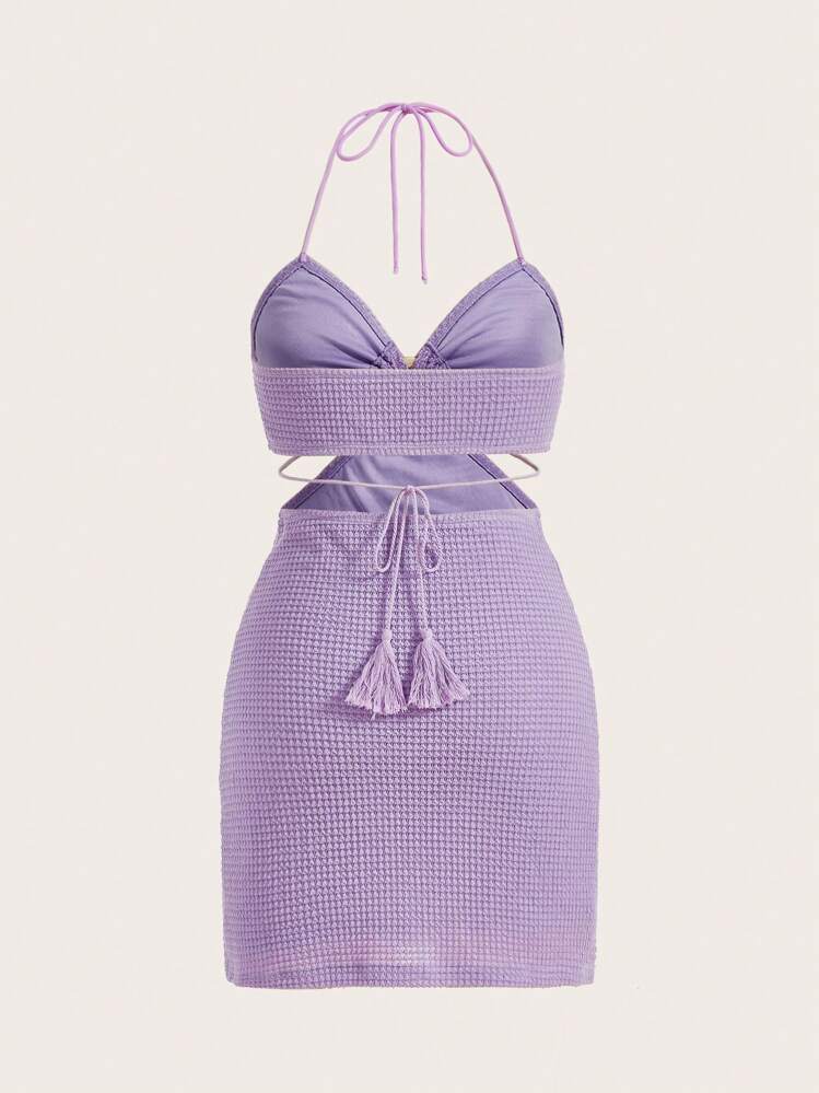 SHEIN ICON מחשוף גב קצוות פרומים טבעת קשירה מאחור פשוט סקסי שמלה - סגול לילך - ראה 2