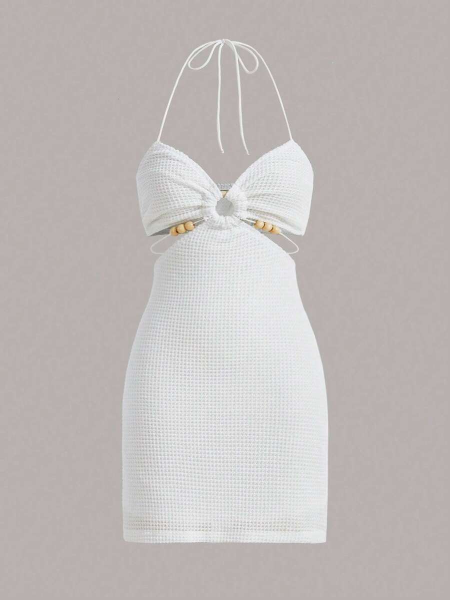 SHEIN ICON Kết cườm Chi tiết Ca-vát Backless Dây Váy bodycon - trắng - Xem 1