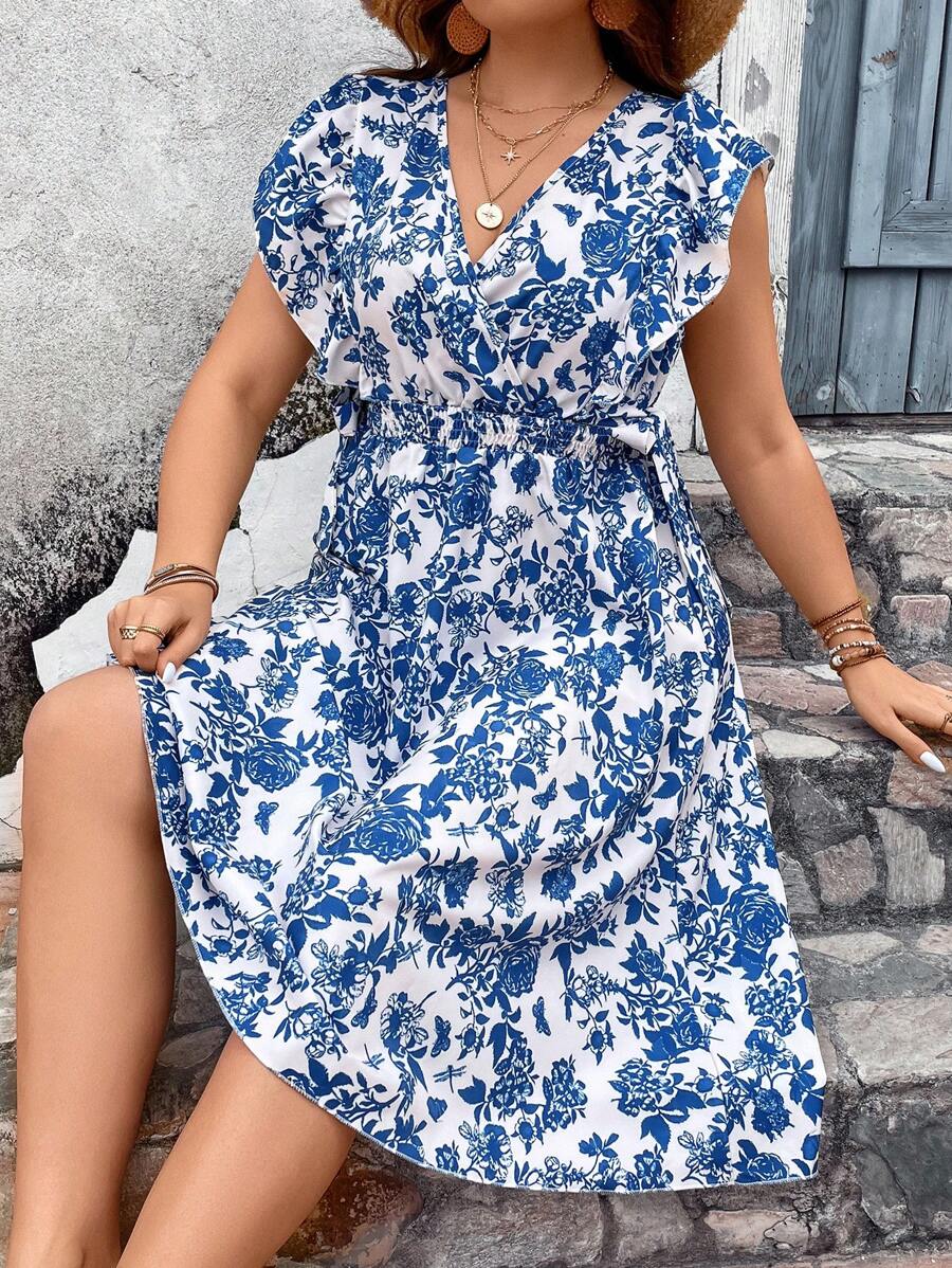 SHEIN Franclia 大碼印花荷葉邊連衣裙 - 藍白色 - 查看 1