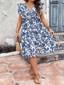 SHEIN Franclia 大碼印花荷葉邊連衣裙 - 藍白色 - 查看 3