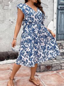 SHEIN Franclia 大碼印花荷葉邊連衣裙 - 藍白色 - 查看 5