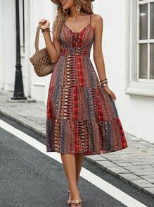 SHEIN Unity Geo Print Tie Front Ruffle Hem Cami Dress Maxi Women Outfit - Multicolor - View 3