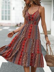 SHEIN Unity Geo Print Tie Front Ruffle Hem Cami Dress Maxi Women Outfit - Multicolor - View 6