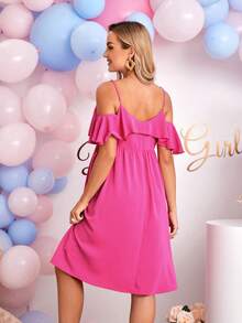 SHEIN 孕婦挖肩荷葉邊連衣裙 - 粉色 - 查看 2