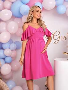 SHEIN 孕婦挖肩荷葉邊連衣裙 - 粉色 - 查看 3