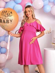 SHEIN 孕婦挖肩荷葉邊連衣裙 - 粉色 - 查看 4