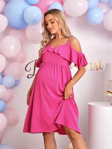 SHEIN 孕婦挖肩荷葉邊連衣裙 - 粉色 - 查看 5