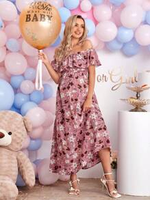 SHEIN Maternity Allover Floral Print Off Shoulder Ruffle Trim Dress - Multicolor - View 1