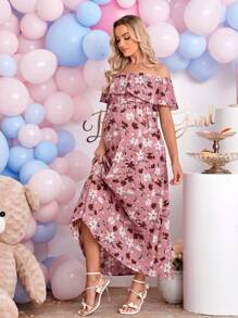SHEIN Maternity Allover Floral Print Off Shoulder Ruffle Trim Dress - Multicolor - View 3