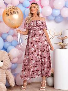 SHEIN Maternity Allover Floral Print Off Shoulder Ruffle Trim Dress - Multicolor - View 4