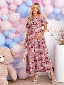 SHEIN Maternity Allover Floral Print Off Shoulder Ruffle Trim Dress - Multicolor - View 5
