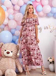 SHEIN Maternity Allover Floral Print Off Shoulder Ruffle Trim Dress - Multicolor - View 6