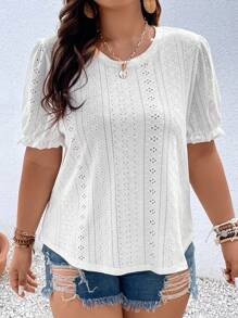 Calvaya Plus Eyelet Embroidery Puff Sleeve Tee - White - View 3