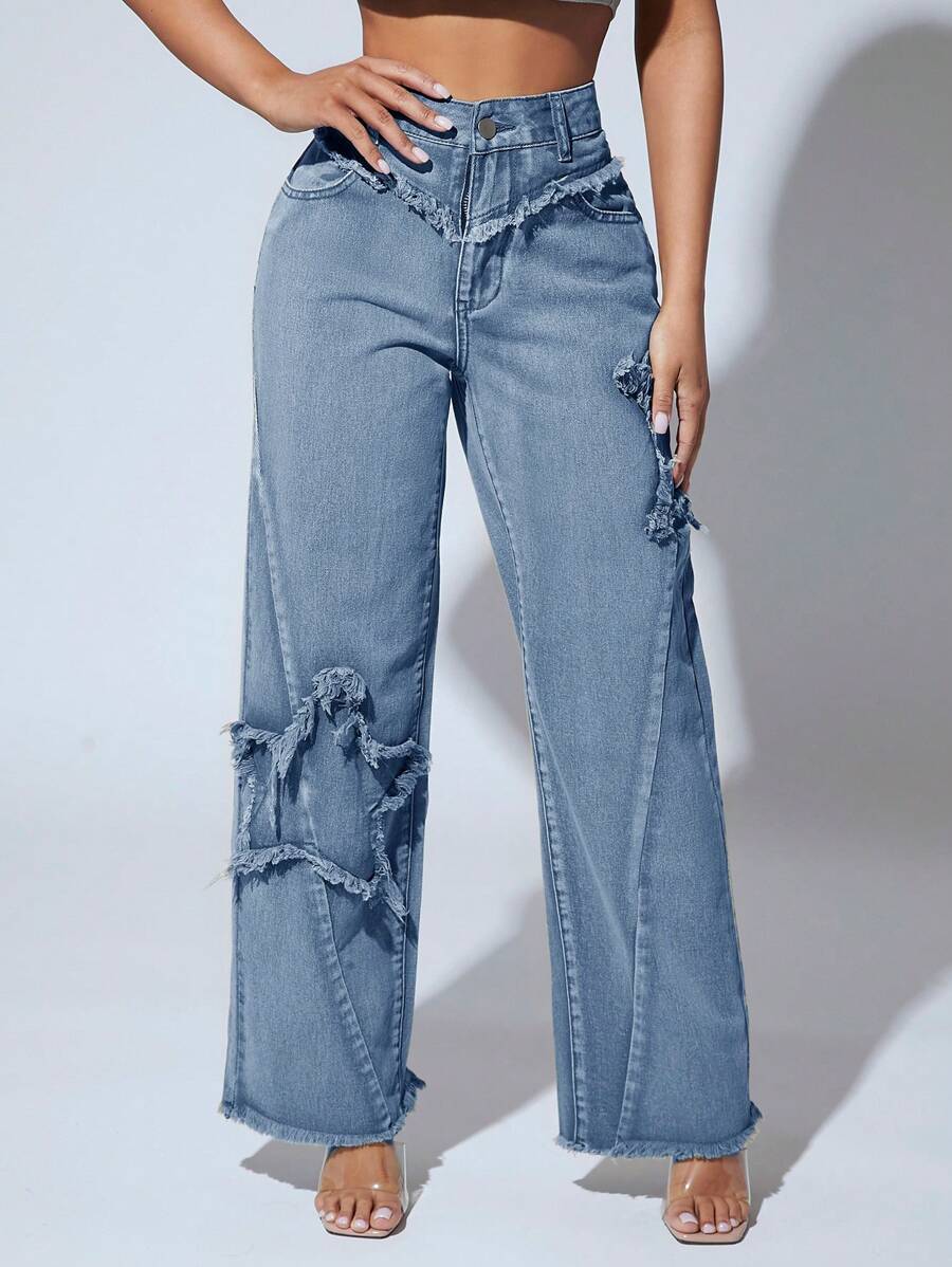 SHEIN PETITE 高腰毛邊緣闊腿牛仔褲 - 淺色水洗藍 - 查看 1