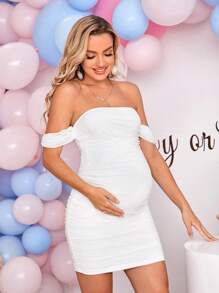 Loomaby Elegant Solid Color Off Shoulder Ruched Fitted Maternity Dress For Baby Shower - White - View 4
