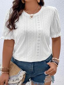 Calvaya Plus Eyelet Embroidery Puff Sleeve Tee - White - View 1