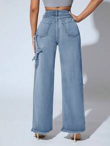 SHEIN PETITE 高腰毛邊緣闊腿牛仔褲 - 淺色水洗藍 - 查看 2