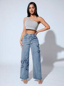 SHEIN PETITE 高腰毛邊緣闊腿牛仔褲 - 淺色水洗藍 - 查看 3