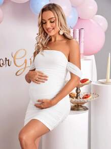 Loomaby Elegant Solid Color Off Shoulder Ruched Fitted Maternity Dress For Baby Shower - White - View 6