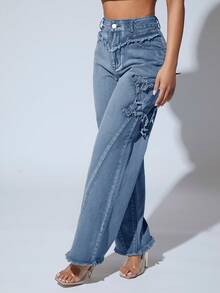 SHEIN PETITE 高腰毛邊緣闊腿牛仔褲 - 淺色水洗藍 - 查看 4