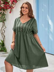 EMERY ROSE Đầm Plus Size Nút phía trước Tranh thêu màu trơn Dễ thương - xanh quân đội - Xem 4