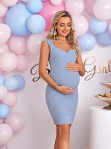 SHEIN Maternidad Vestido escote corazón tejido de canalé - Celeste - Ver 6