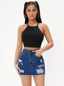 SHEIN PETITE 破洞毛邊牛仔半身裙 - 深色水洗藍 - 查看 1