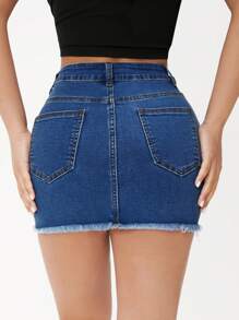 SHEIN PETITE 破洞毛邊牛仔半身裙 - 深色水洗藍 - 查看 2