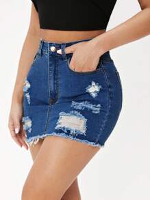 SHEIN PETITE 破洞毛邊牛仔半身裙 - 深色水洗藍 - 查看 3