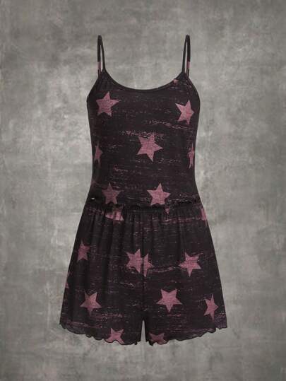 طقم بيجامة بطباعة قمر مقلم نمط نبات الخس