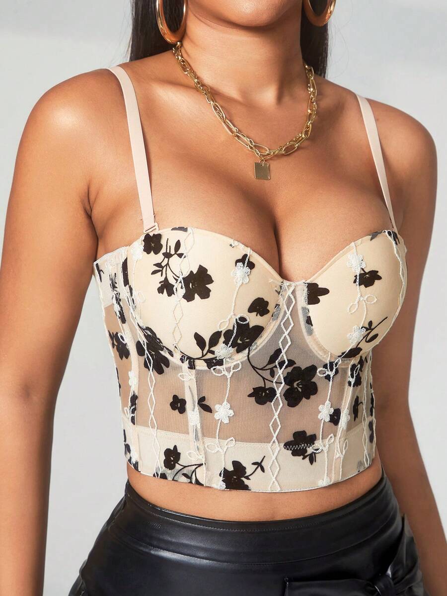 Floral Embroidered Bustier Mesh Corset Cami Top - Beige - View 1