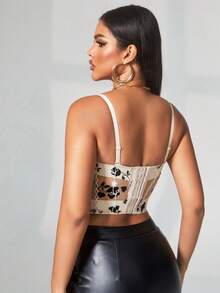 Floral Embroidered Bustier Mesh Corset Cami Top - Beige - View 2