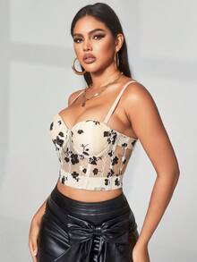 Floral Embroidered Bustier Mesh Corset Cami Top - Beige - View 3