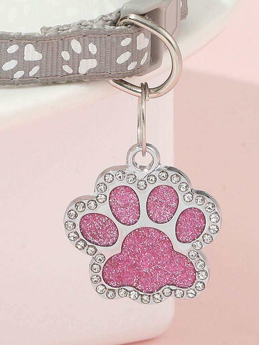 1pc Paw Pattern Rhinestone Decor Round Pet ID Tag, Modern Zinc Alloy Pet ID Tag For Dog For Decoration - Pink - View 1