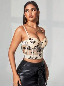 Floral Embroidered Bustier Mesh Corset Cami Top - Beige - View 6