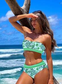 Paisley Print Bandeau Bikini Set For Summer Beach - Green - View 3