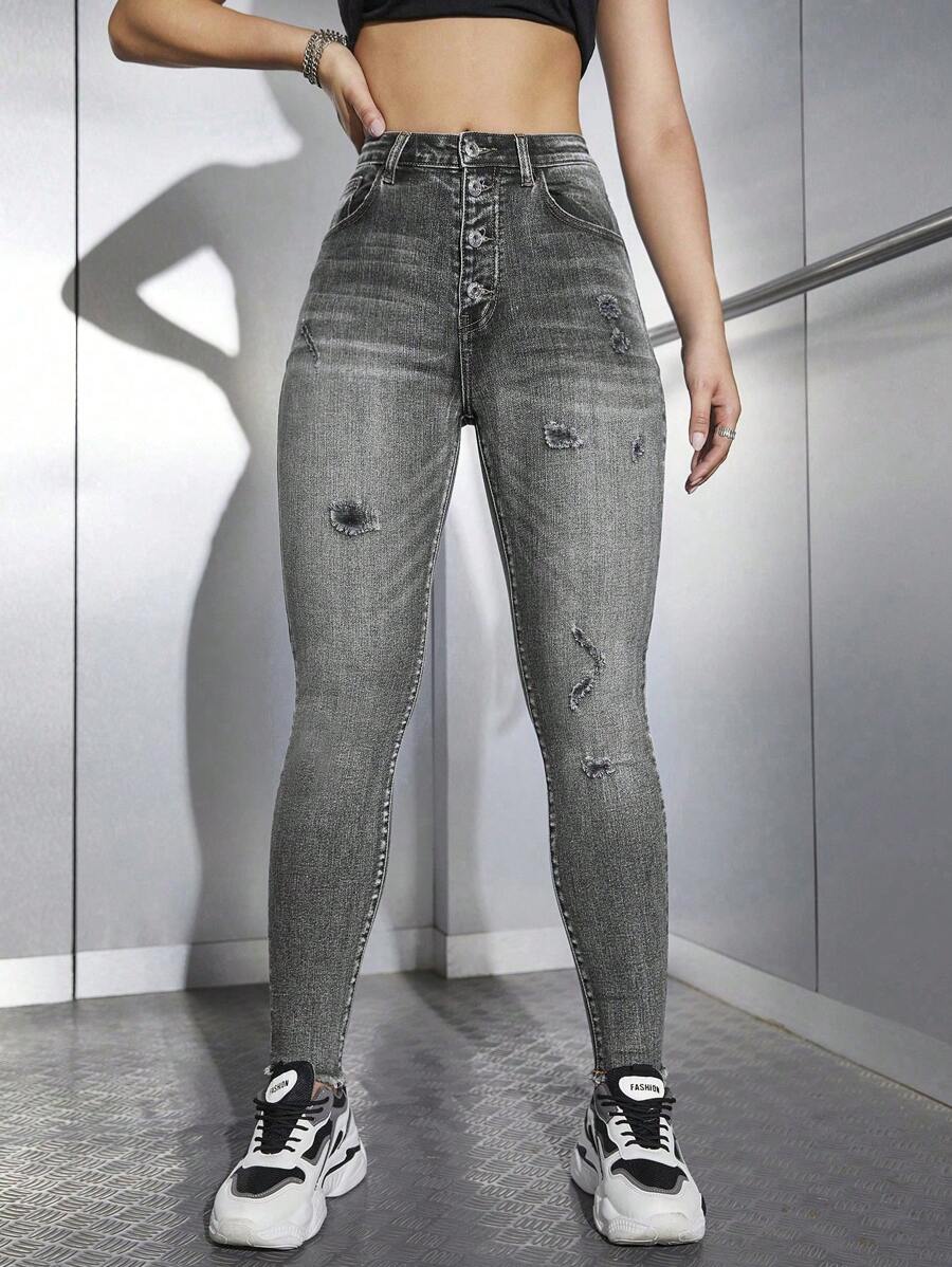 SHEIN EZwear 高腰破洞緊身牛仔褲 - 灰色 - 查看 1