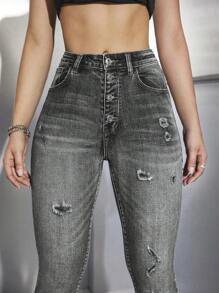 SHEIN EZwear 高腰破洞緊身牛仔褲 - 灰色 - 查看 2