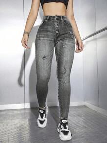 SHEIN EZwear 高腰破洞緊身牛仔褲 - 灰色 - 查看 3