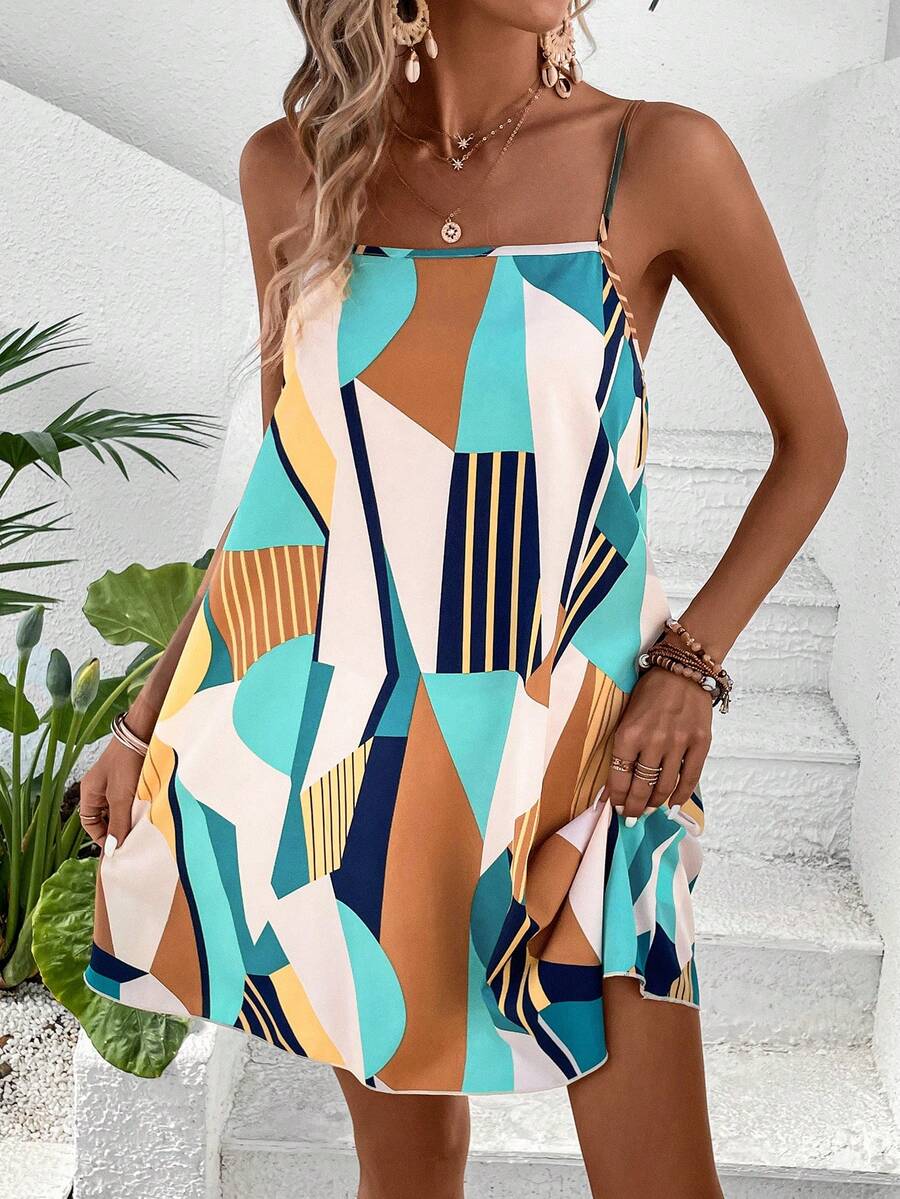 SHEIN LUNE Đầm Lộ Lưng Hình học Giải trí - Nhiều màu - Xem 1