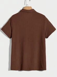 EGENSIO 男士素色華夫格編織POLO衫 - 咖啡棕 - 查看 2