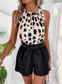 SHEIN Clasi Summer Geometric Printed Sleeveless Top With Belted Solid Shorts 2pcs Women Outfits Old Money Outfits - Multicolor - View 1