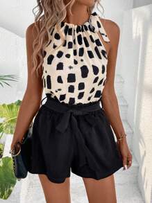 SHEIN Clasi Summer Geometric Printed Sleeveless Top With Belted Solid Shorts 2pcs Women Outfits Old Money Outfits - Multicolor - View 3
